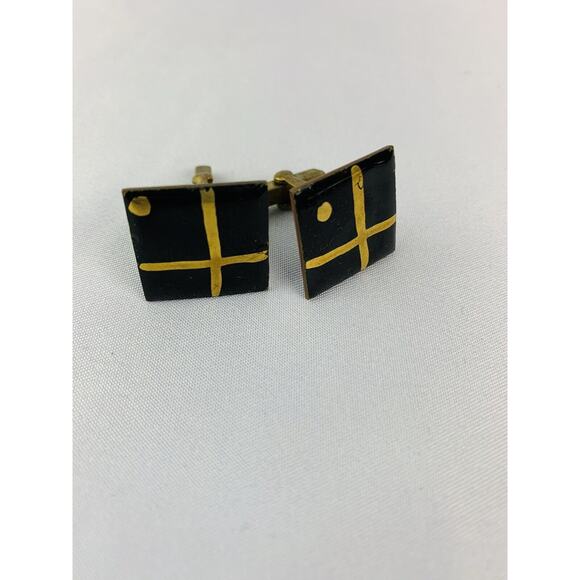 Vintage Men's Enameled Goldtone and Black Square Cufflinks Artsy Retro Toggle - Picture 12 of 12